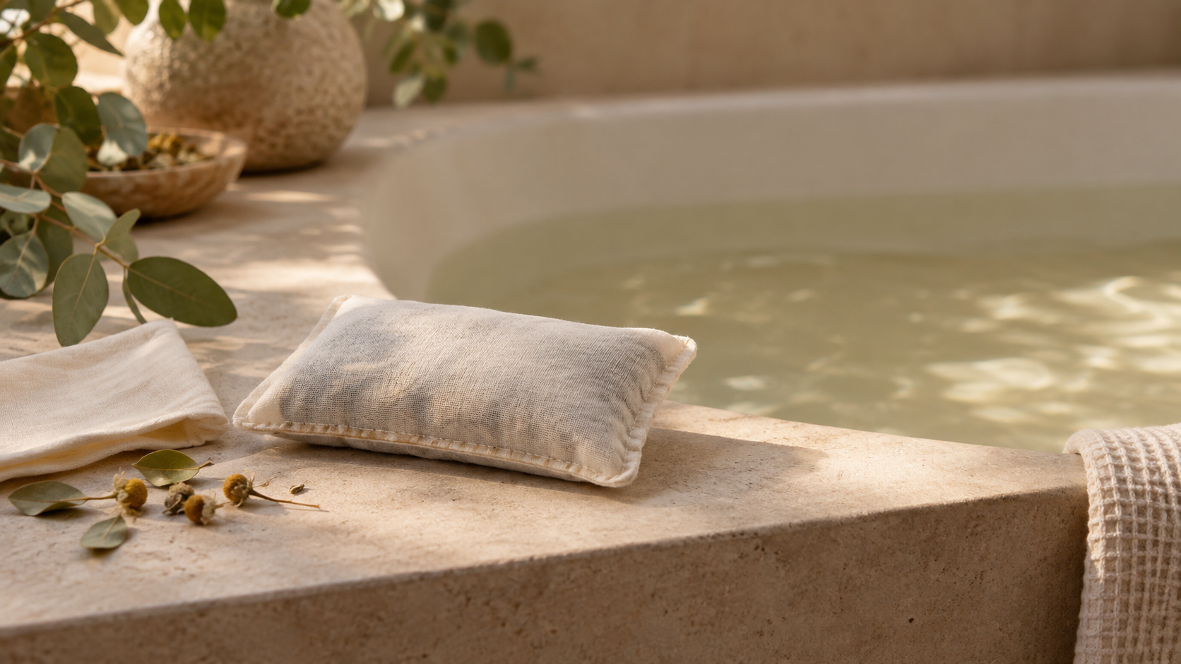 Soft filled botanical cloth sachet beside bathwater with an empty cloth pouch nearby.