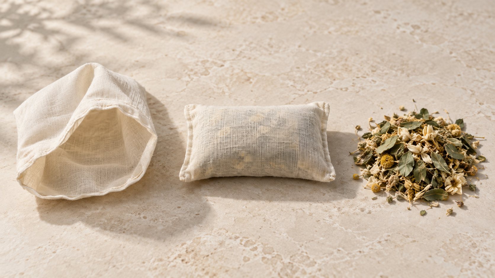 Empty open cloth bath bag, filled botanical sachet, and loose botanical blend side by side.
