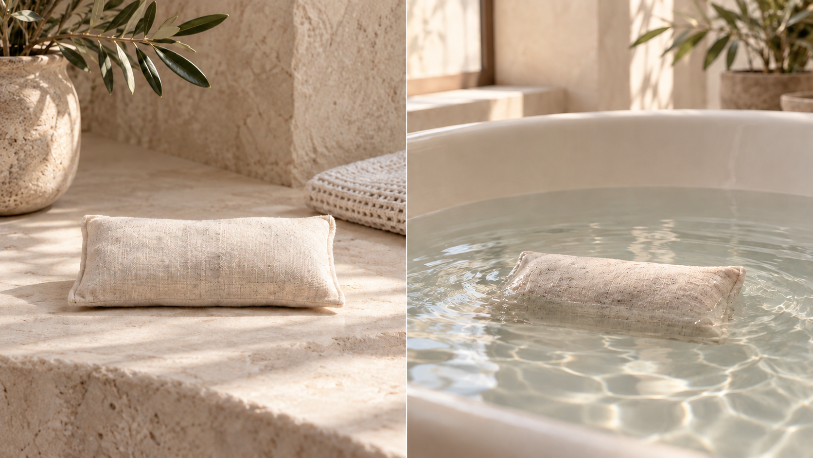 Concept illustration of a dry cloth sachet beside a sachet partly immersed in bathwater, not a product test.