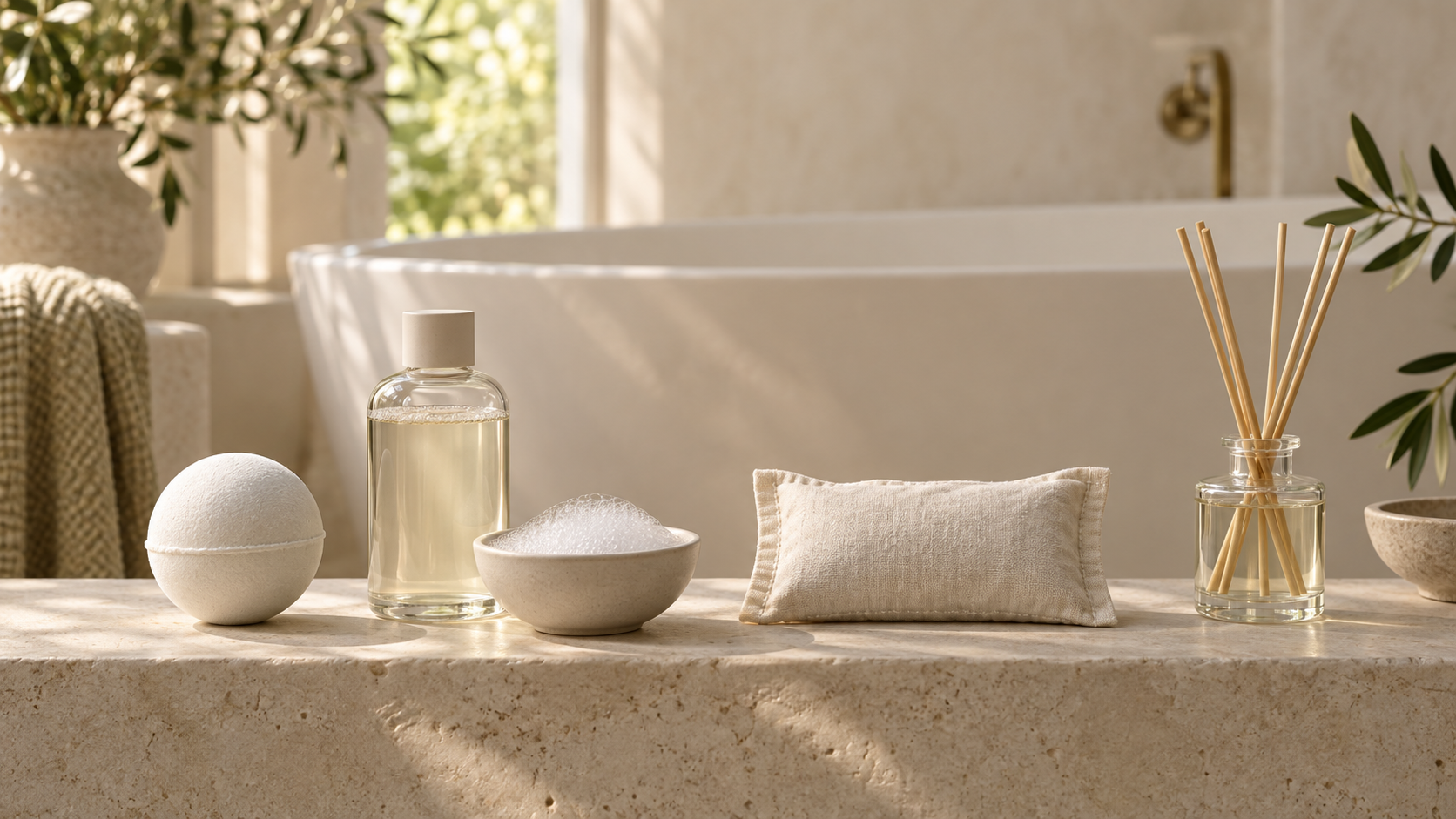 Bath bomb, bubble bath, cloth botanical sachet and room fragrance shown side by side.