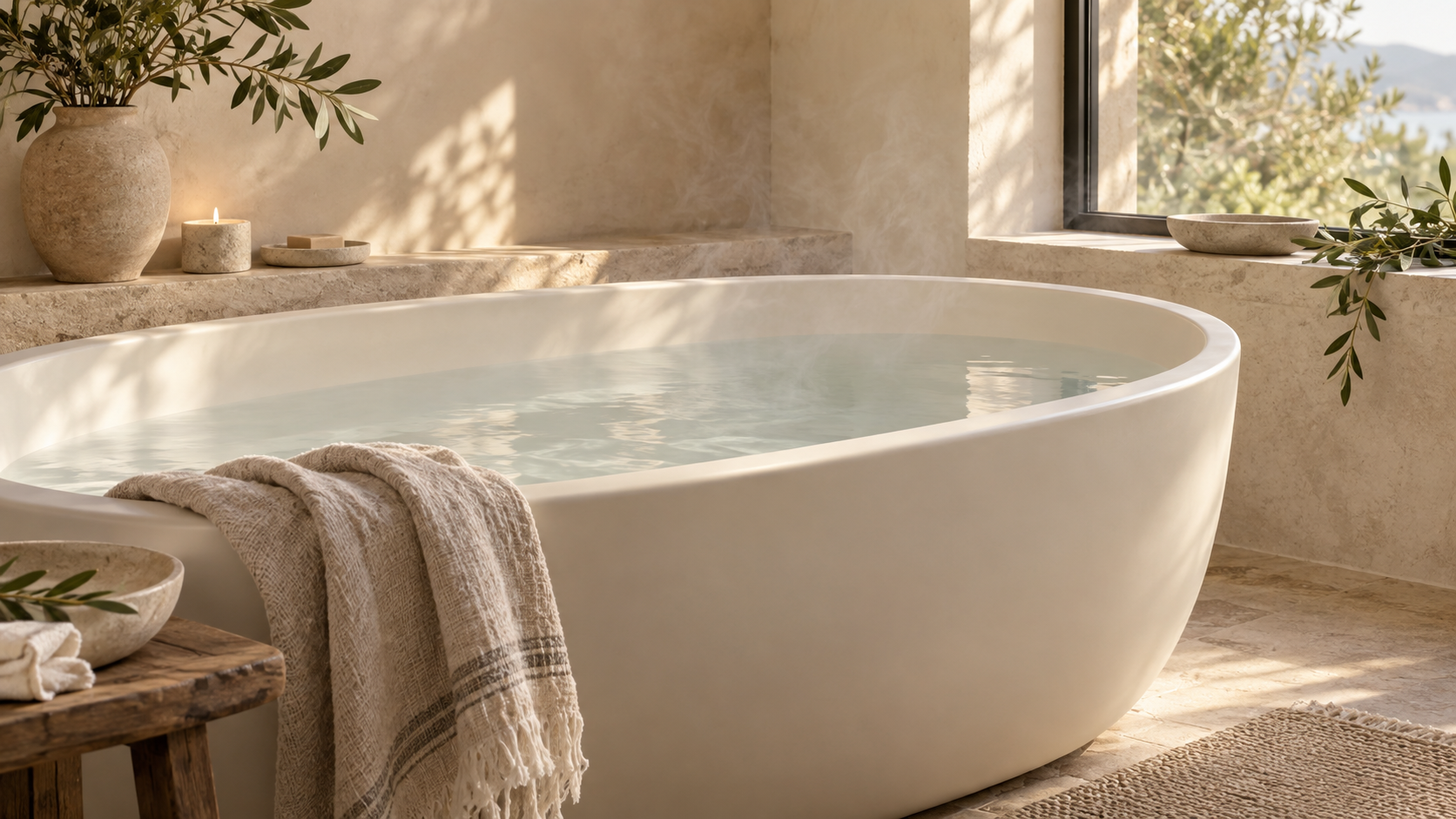 Calm bath scene in warm natural light.