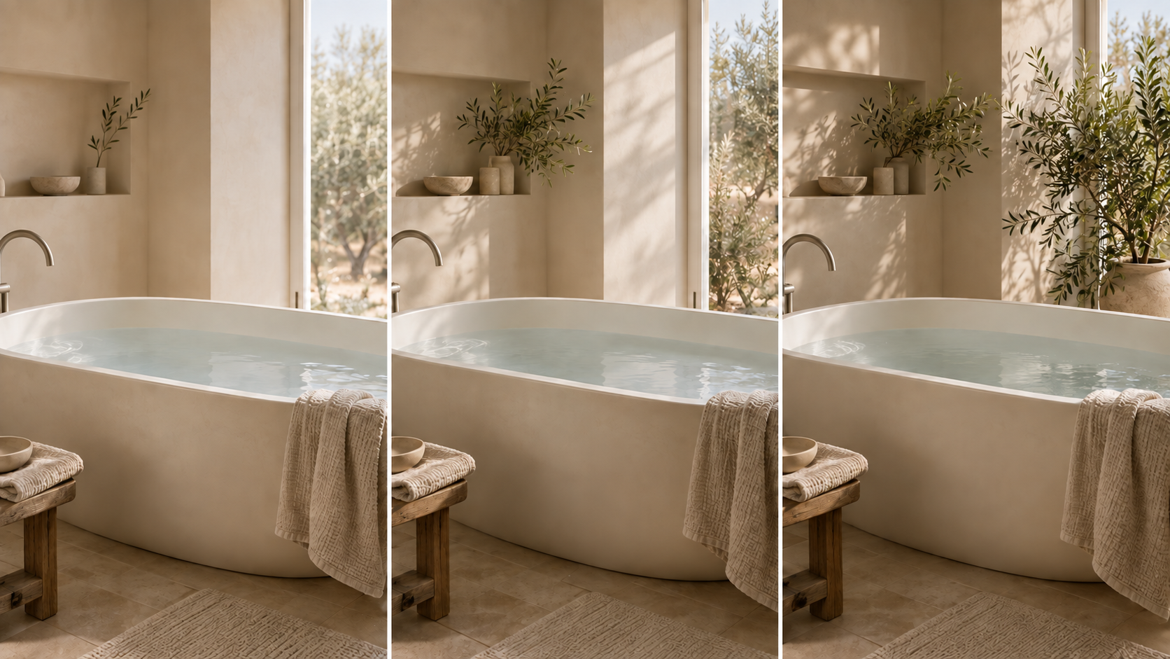 Editorial illustration of three bath atmosphere preferences, not measured scent intensity.