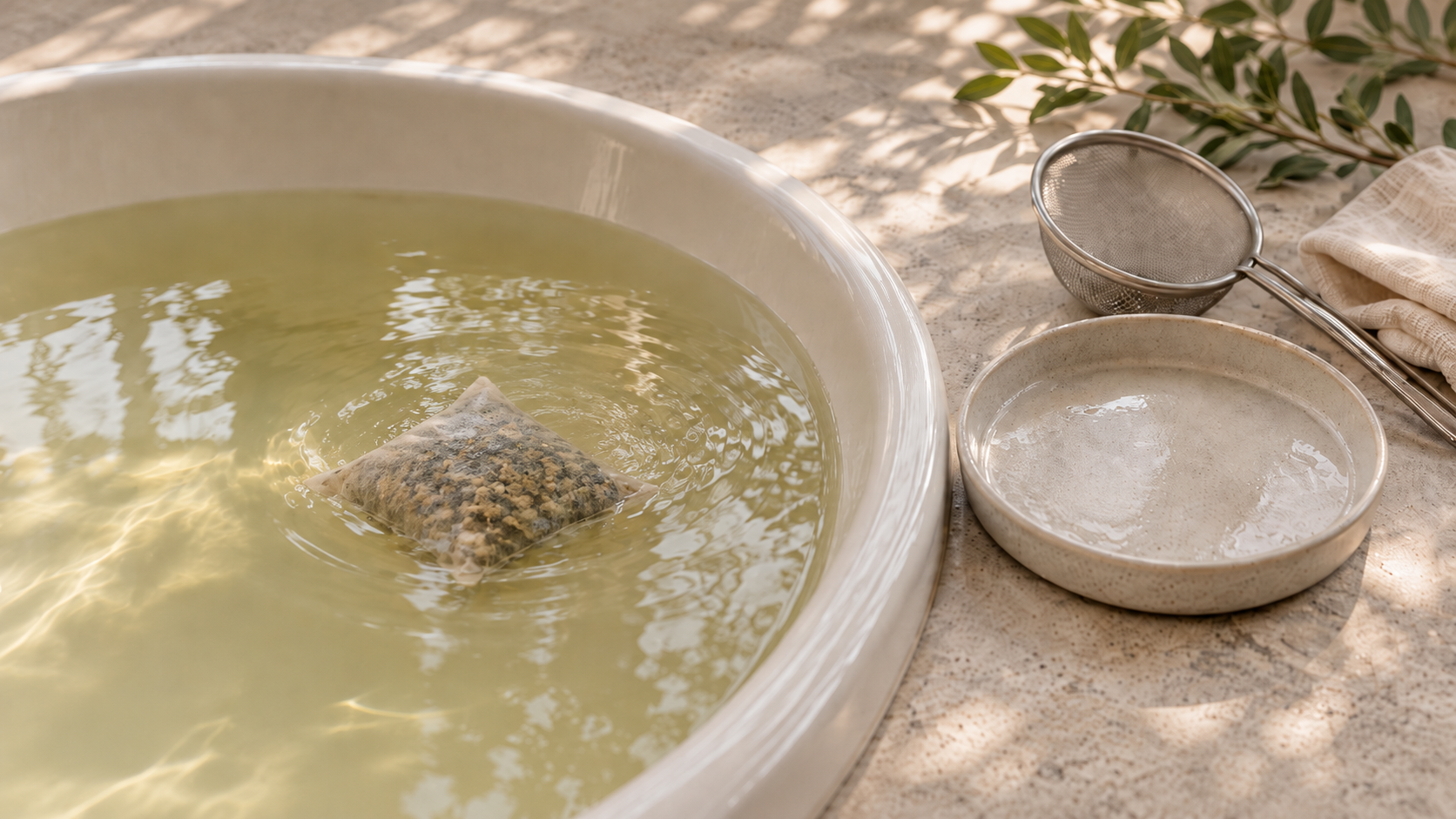 Editorial illustration of a botanical bathing setup with a sachet and cleanup tools.