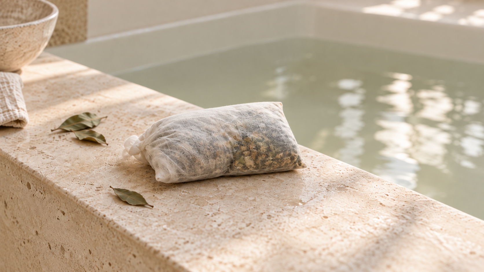A soft filled cloth botanical sachet beside bathwater.