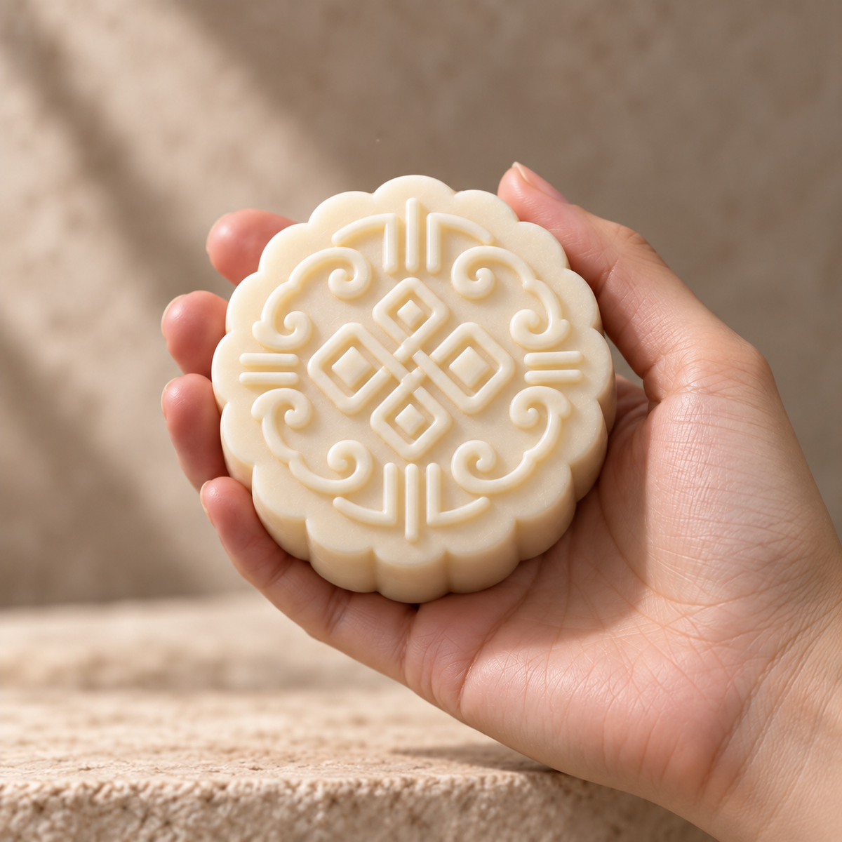 Bare Sway development shampoo bar with approved scalloped form held in hand