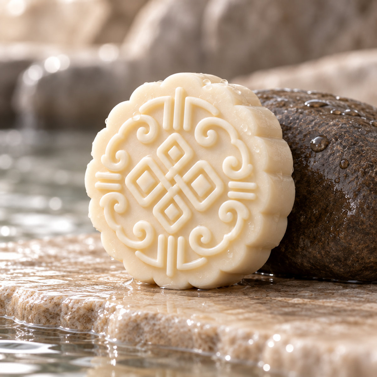 Bare Sway development shampoo bar with approved scalloped form in a wet mineral setting