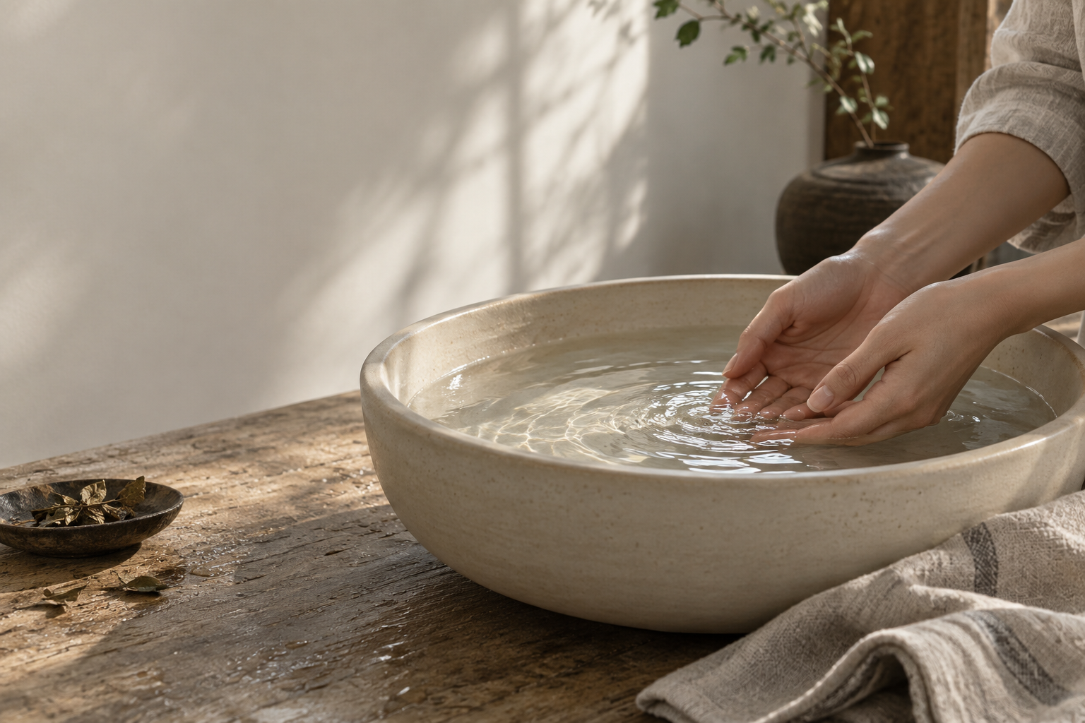 Conceptual scene of hands beside a basin of water