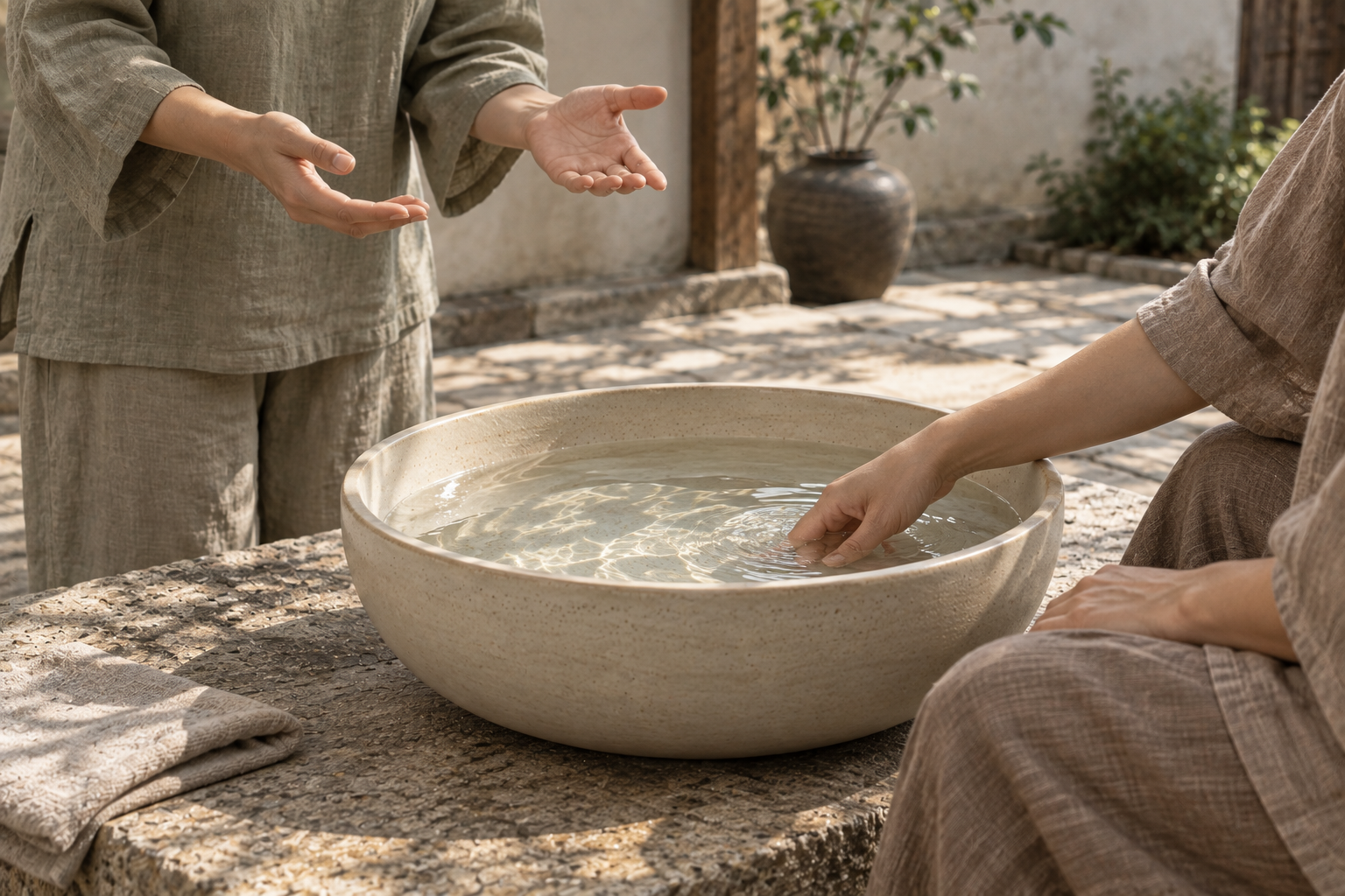 Conceptual image of anonymous people gathering around a basin of water