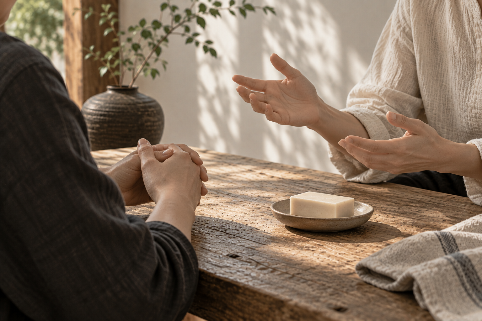 Conceptual image of anonymous people discussing an unbranded bar of soap