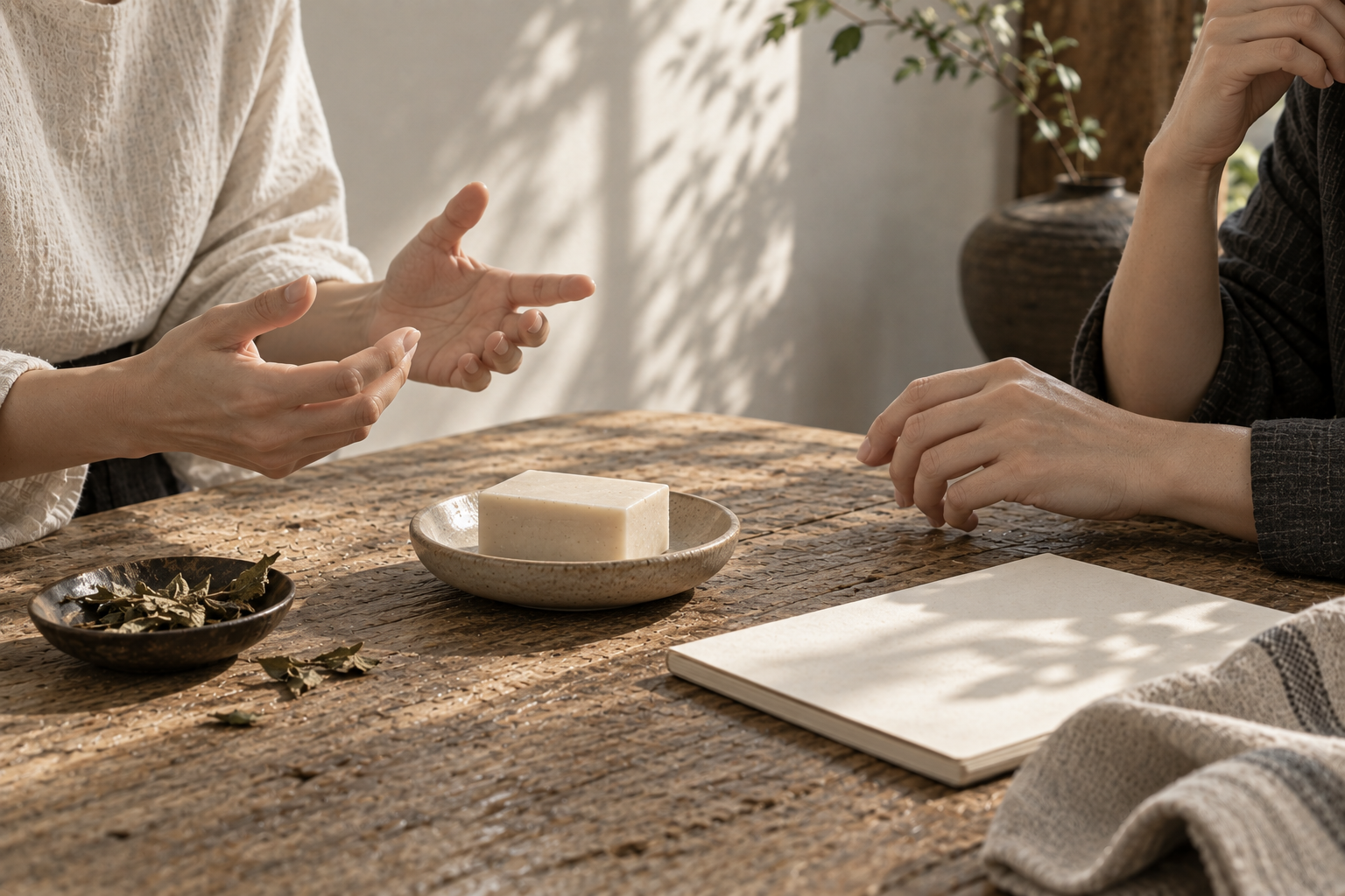 Conceptual image of anonymous hands discussing cleansing materials