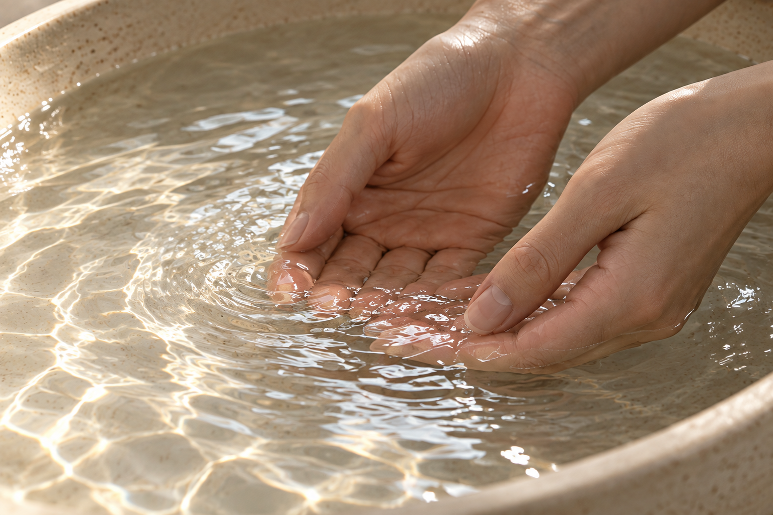 Conceptual scene of hands returning to a basin of water