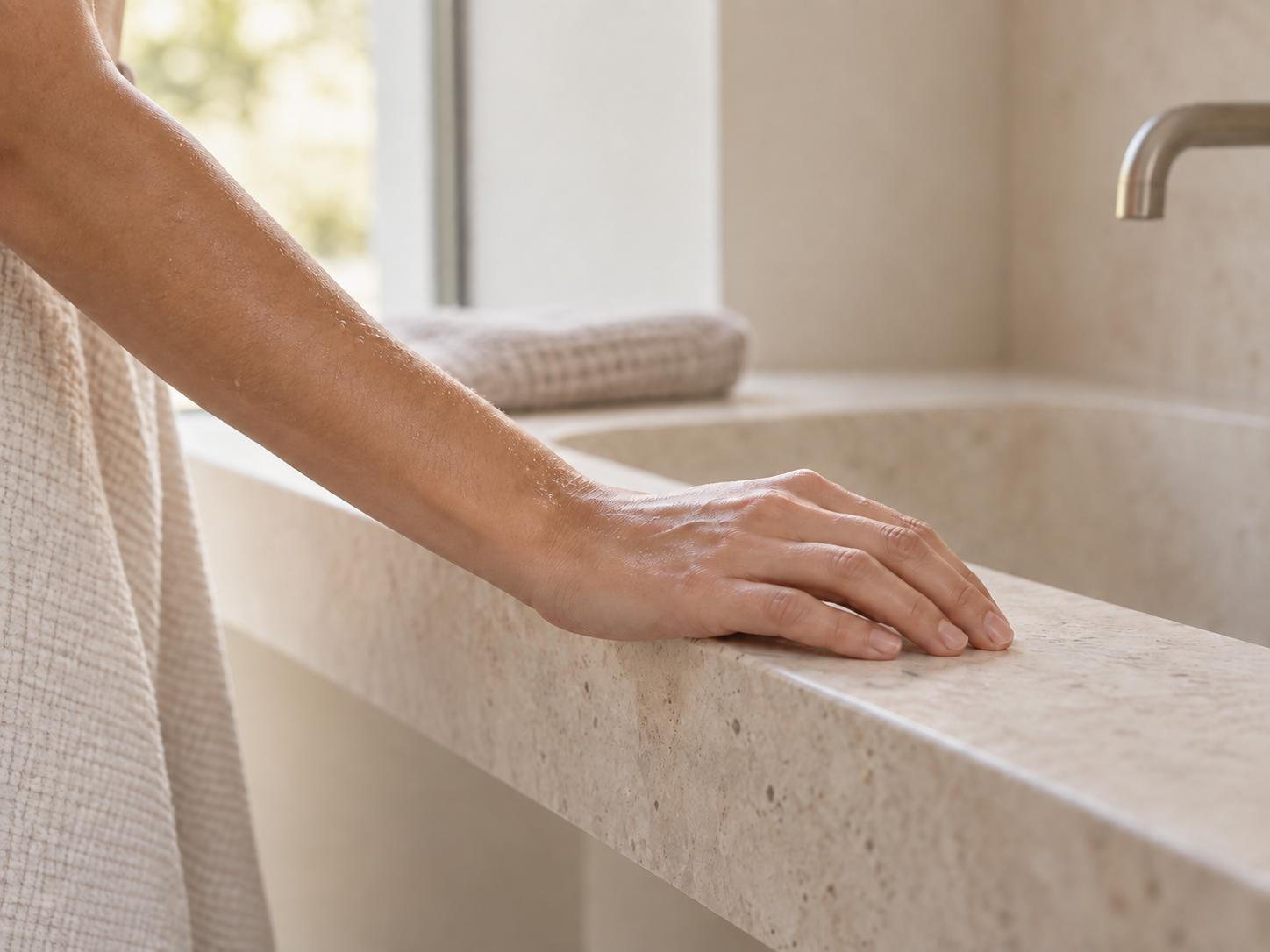 Concept image of a hand beside bath water; no finished body soap shown