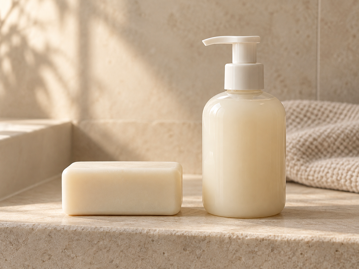 An unbranded solid cleansing bar and liquid body wash shown side by side in a neutral bathroom setting