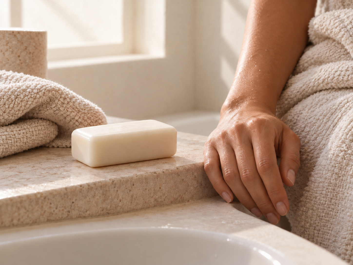 Neutral editorial bath scene illustrating cleanser selection for skin that tends to feel dry after washing