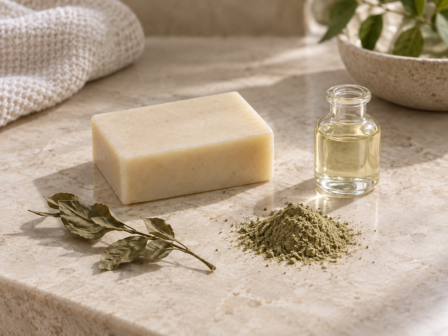 Several generic forms of plant-derived cosmetic ingredients arranged beside an unbranded cleansing bar