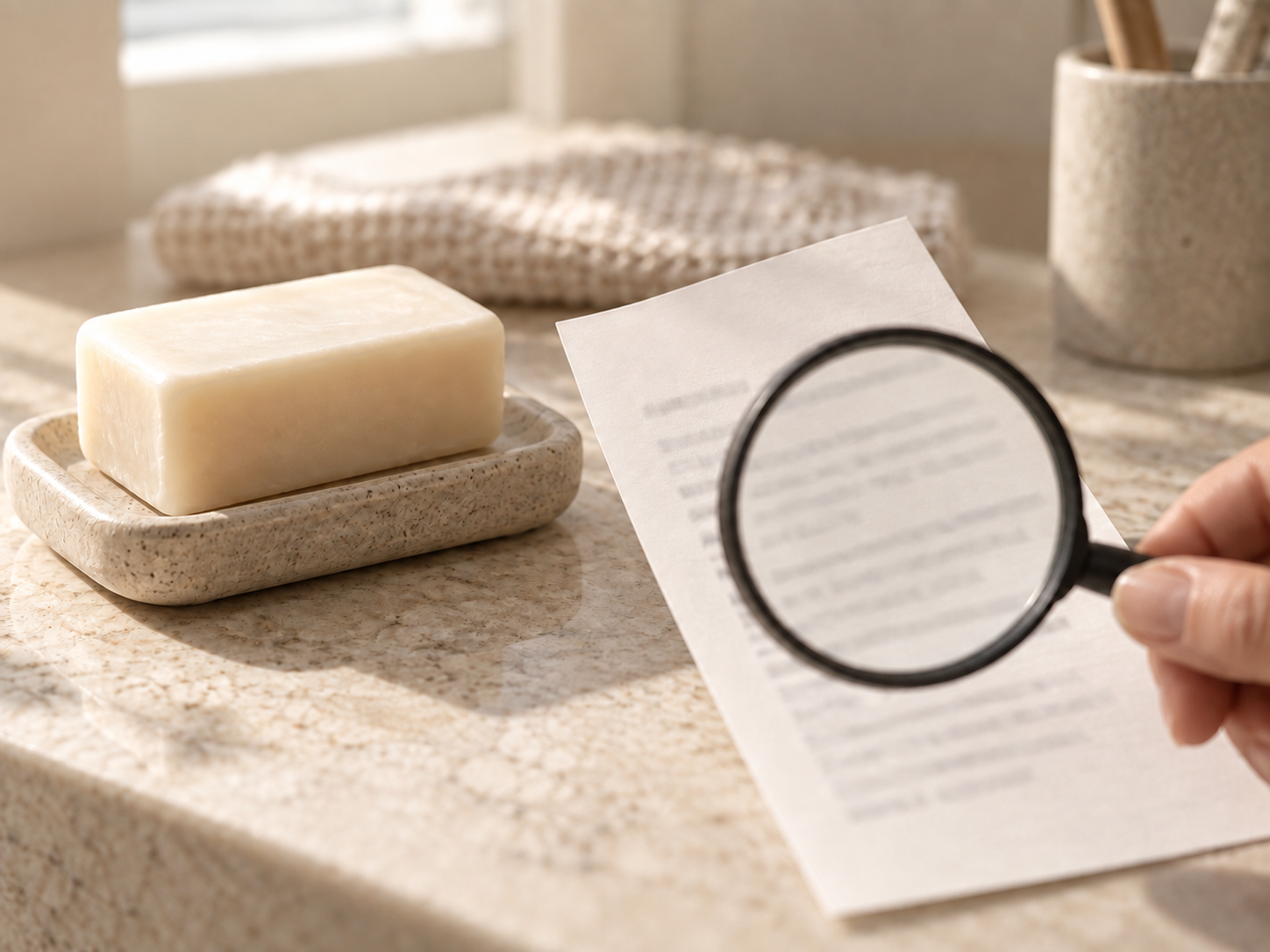 Neutral editorial scene with a generic body cleanser and an ingredient list being reviewed