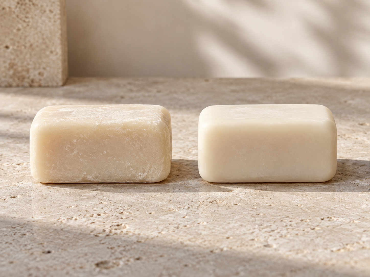 Two similar unbranded solid cleansing bars illustrating different cleansing systems