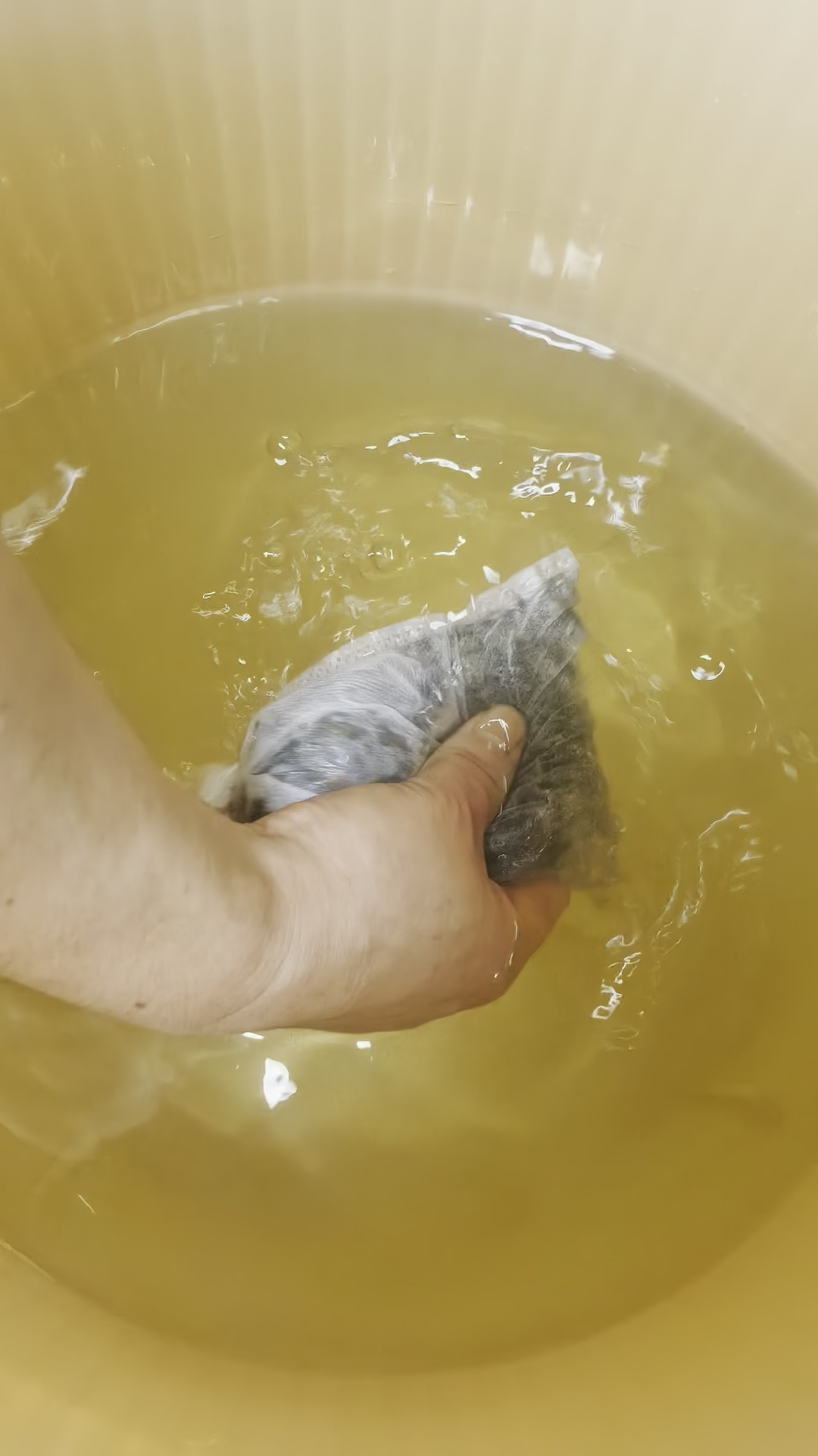 Filled cloth sachet held in water during an early internal prototype test.