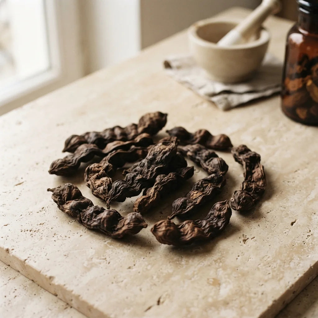 Dried botanical material arranged on a mineral surface