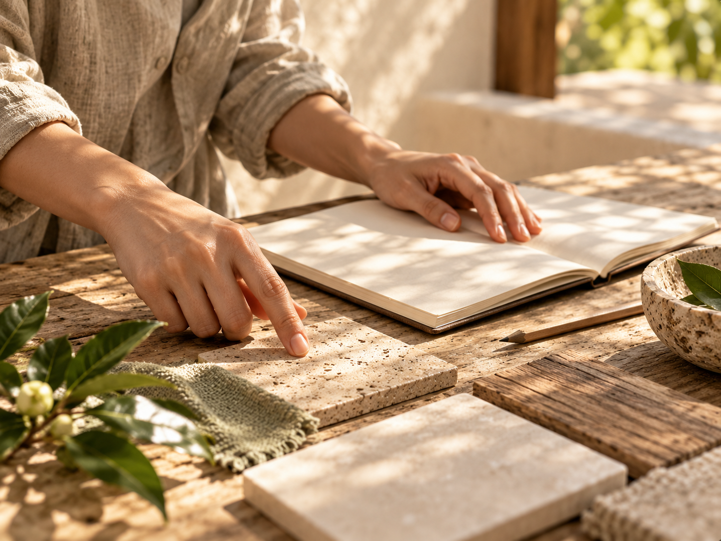 Concept image of hands preparing botanical material beside water; no real collaborator depicted