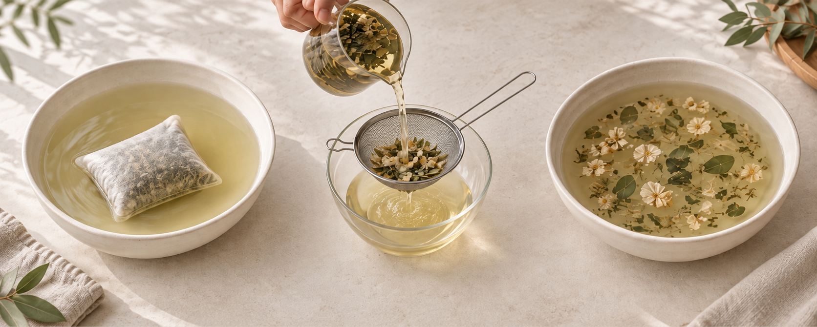 Three illustrated botanical bathing methods: a sachet, strained infusion, and loose botanicals.